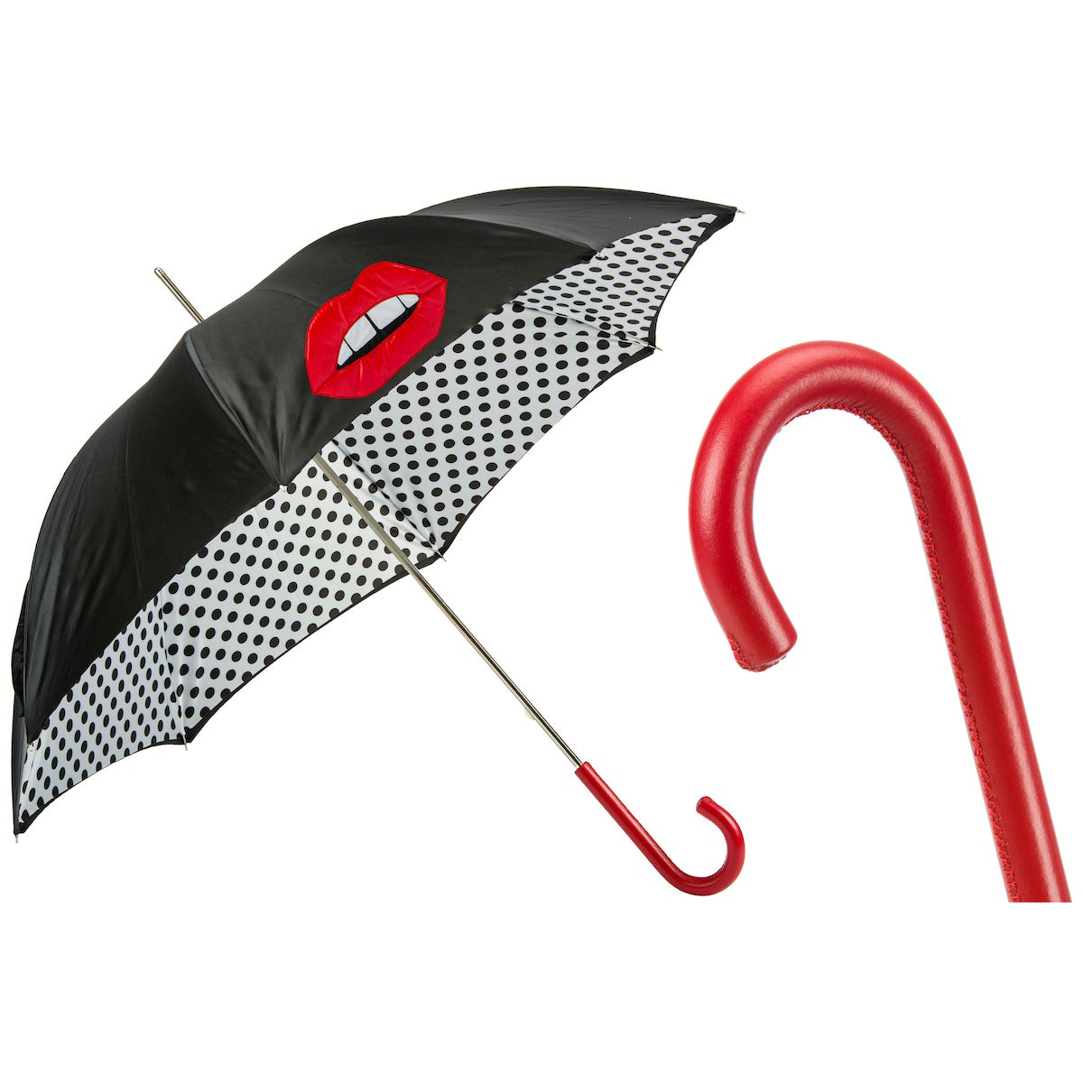 Parasol PASOTTI 93 cm, usta, groszki, wnętrze, podwójna tkanina, skórzana rączka