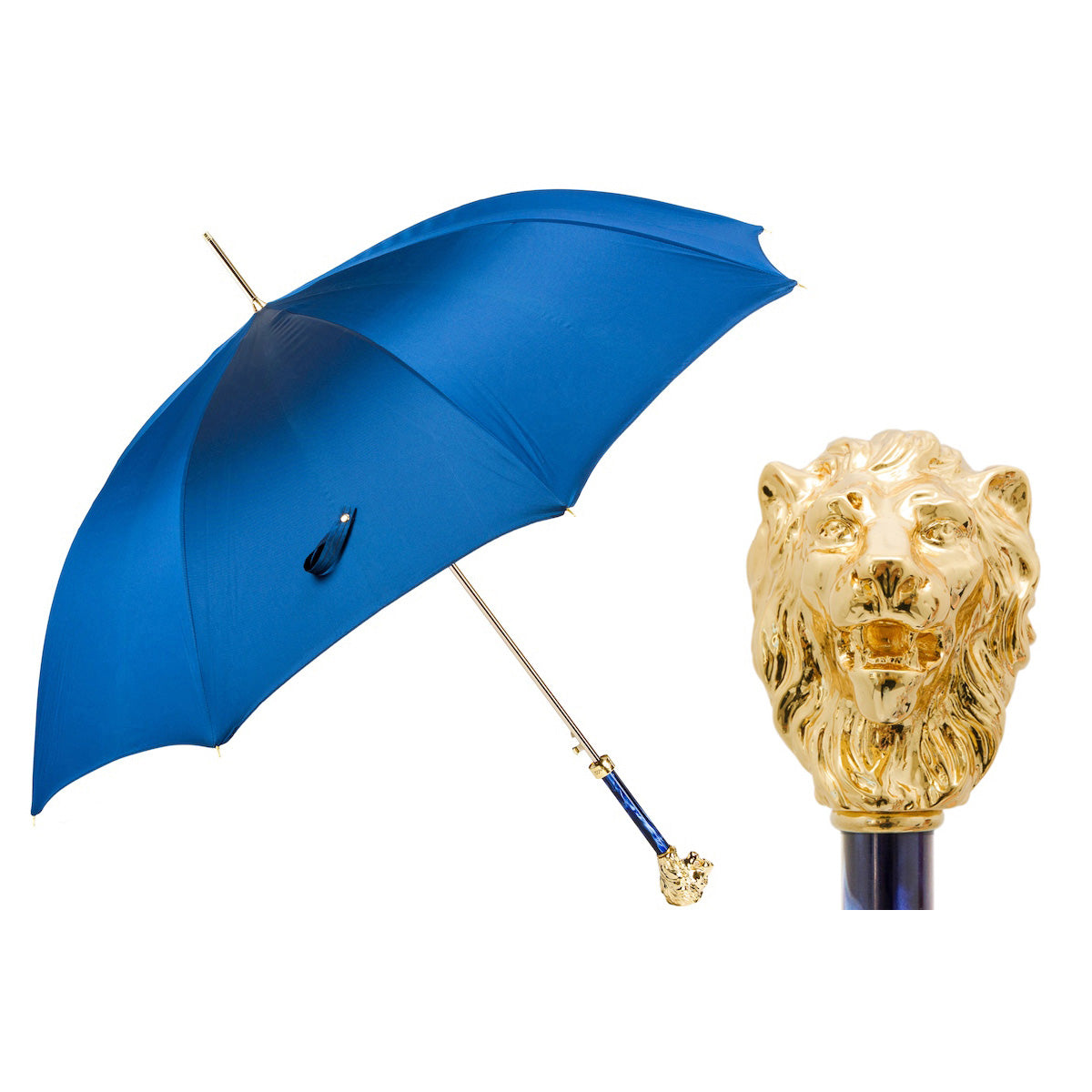 NIEBIESKI PARASOL Z RĄCZKĄ W KSZTAŁCIE LWA | Pasotti – Ręcznie robiony we Włoszech, symbol potęgi i królewskiej elegancji