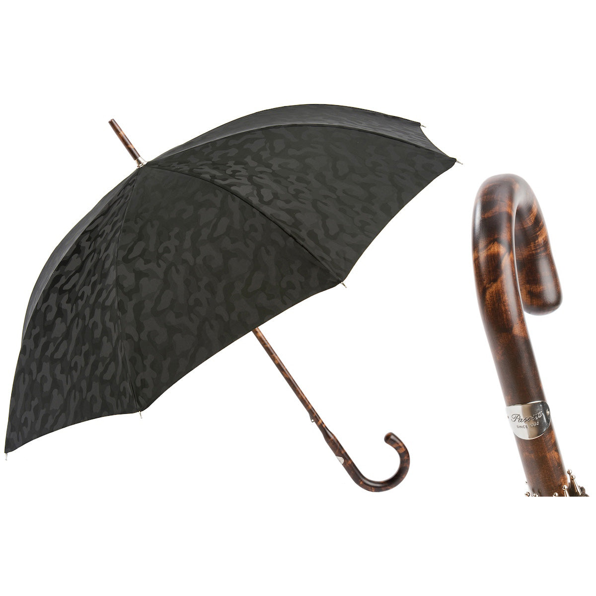 PASOTTI Czarny parasol w kamuflażu 92 cm Jednoczęściowy uchwyt z drewna hikorowego Włochy